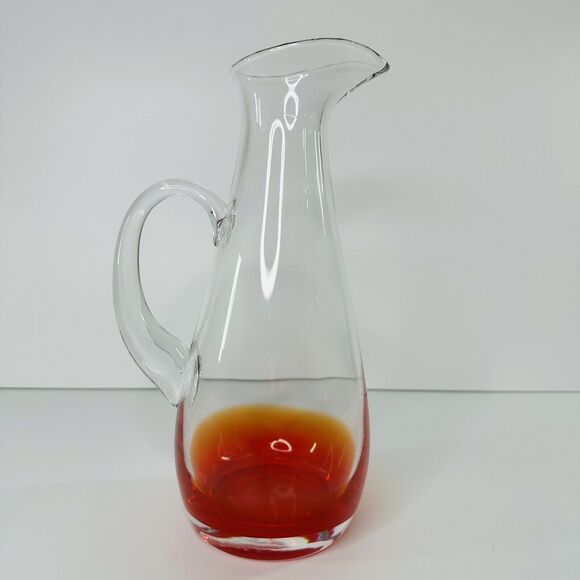 Clear Red Base Art Glass Pitcher Barware Cocktail Party Water Heavy READ - Picture 3 of 13